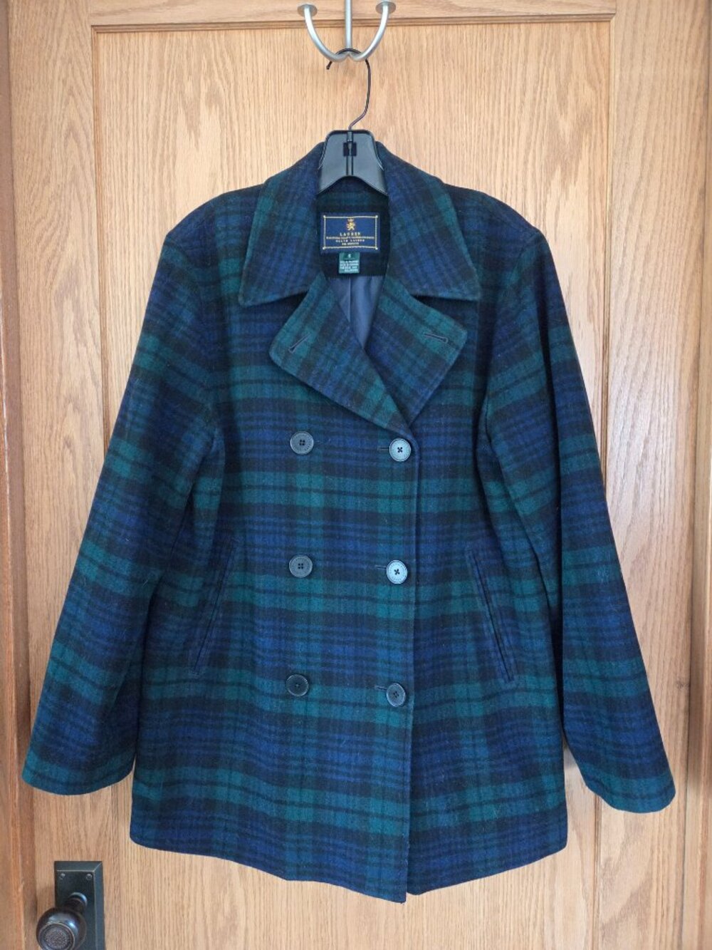 Vintage Ralph Lauren Wool Cashmere Blend Blackwatch Plaid PeaCoat Jacket Small